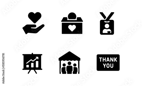 Charity and event icons: donation, identification, presentation, community, gratitude