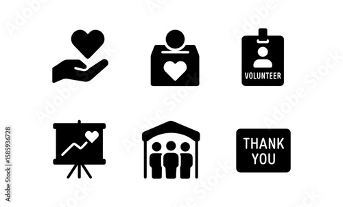 Volunteer and charity icons set: heart, donor box, gratitude, community