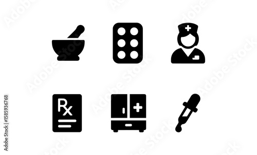 Healthcare icons set: pharmacy, medicine, nurse, prescription, dropper