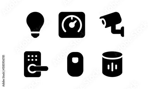 Smart home icon set featuring light bulb, thermostat, security camera, keypad, sensor, and speaker