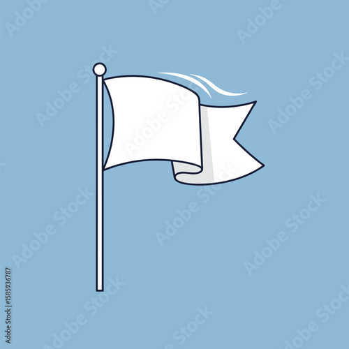 A classic white flag of surrender flies proudly against a soft blue background showing gentle white waves