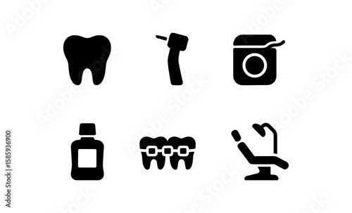 Dental care icons set featuring tooth, floss, mouthwash, braces, and dental chair