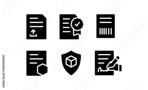 Document icons set: upload, certification, barcode, 3d security, signature elements