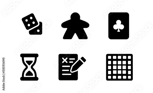 Minimalist board game icons set with dice, meeple, card, and hourglass