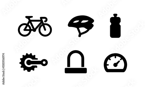 Essential cycling icons: bike, helmet, water bottle, lock, gear, speedometer