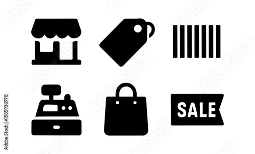 Retail shopping icons set: storefront, tag, barcode, cash register, bag, sale