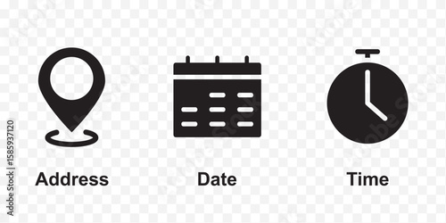 set of date place and time icons . Time, Date and Location Icons for Websites and Apps . eps 10 