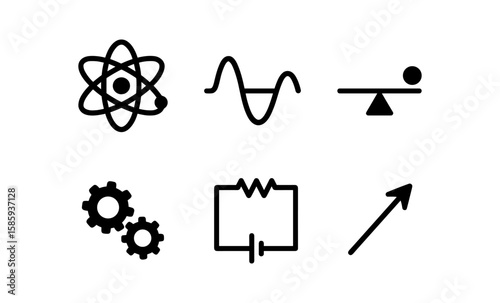 Science and technology icons: atom, wave, balance, gears, circuit, arrow