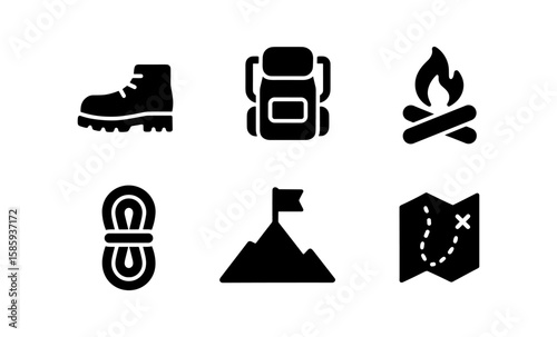 Outdoor adventure icons set featuring backpack, boot, map, rope, fire, and mountain