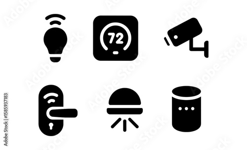 Smart home technology icons: light bulb, thermostat, security camera, door lock, speaker