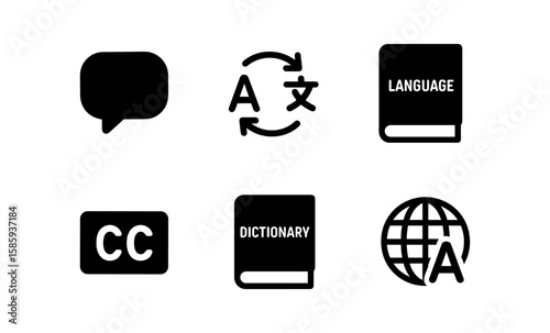 Language and communication icons: translation, dictionary, and captions in black and white
