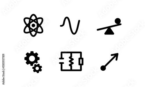 Science icons set: physics and engineering symbols in simple design