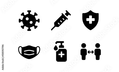 Healthcare and safety icons: mask, vaccine, social distancing, and more