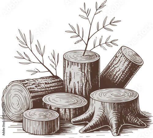 Whimsical Woodpile Depiction an Artistic Arrangement of Logs Stumps and Delicate Branches in a Rustic Forest Setting