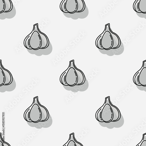 Repetitive pattern of stylized garlic bulbs with shadows against a pale background