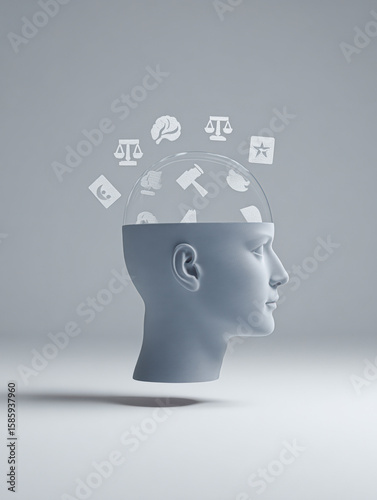 A 3D human head model with a transparent top reveals icons representing justice, law, and knowledge inside the brain area.
