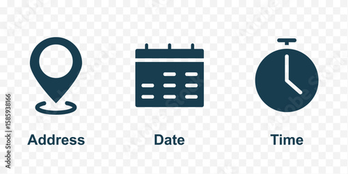 set of date place and time icons . Time, Date and Location Icons for Websites and Apps . eps 10 
