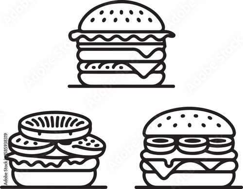 Burger Bonanza Three Unique Burger Illustrations Showcasing Different Toppings and Styles in a Bold Black and White Design