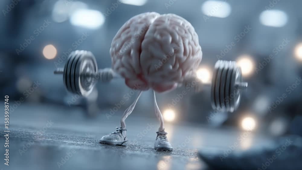 A brain lifting weights in a gym highlighting strength and fitness concepts