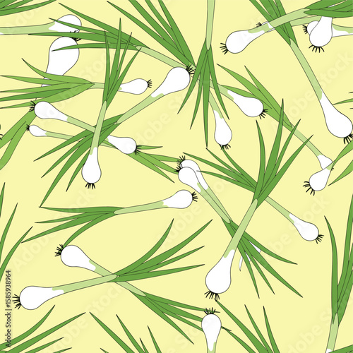 Freshly harvested green onions scattered across a light yellow background