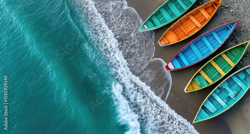 Colorful boats on the ocean, aerial view, drone shot, white waves