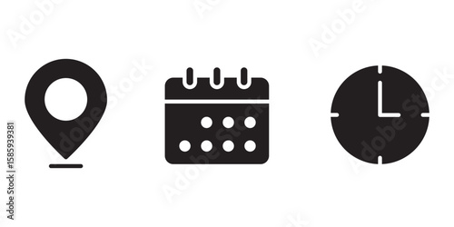 Time, date and address icon set. Travel concept or booking. Calendar, clock, location. Editable vector. Time and Location Symbols for Various Purposes .  eps 10 
