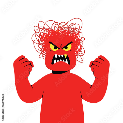 Illustration of an angry red monster with clenched fists and messy hair showing teeth