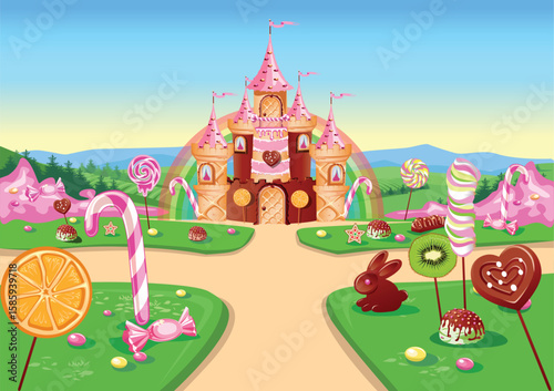 Cake castle in candy land, molasses and chocolate decoration, waffle doors, balcony and towers. Fairytale land sweet background. Vector illustration.