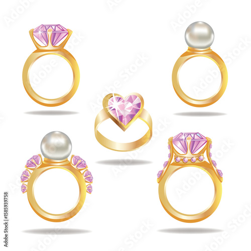 Set of gold rings with big pink diamond and pearl. Princess jewelry. Cartoon style. Vector illustration on white background.