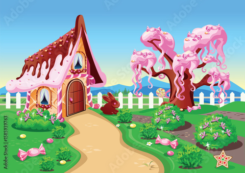 Sweet house with chocolate, waffles and cookies, decorated with sweets in candy land. Fairy tale background with gingerbread house in cartoon style vector illustration.