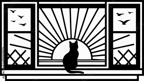 Silhouette of a cat sitting on a window sill watching birds and the sun rise in a black and white drawing