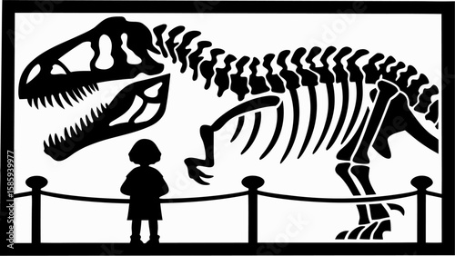 Silhouette of a child viewing a t rex dinosaur skeleton exhibit behind a museum rope barrier line