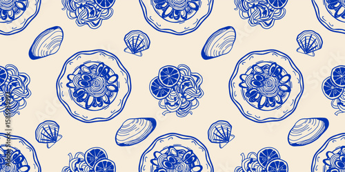 Minimalist hand drawn pasta vector seamless pattern. Different Mediterranean spaghetti types. Italy la dolce vita coast food for wrapping paper, textile.