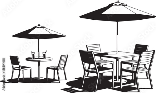 Outdoor Dining Scene with Umbrellas Tables and Chairs Creating a Relaxing Atmosphere for Refreshments and Gatherings