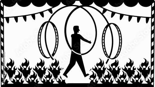 Silhouette of a man walking through hoops surrounded by flames under a decorative banner design