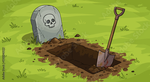 Cartoon grave with freshly dug hole and shovel on grass