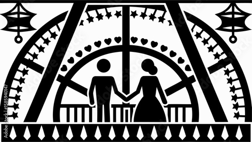 Silhouette of couple holding hands on ferris wheel decorated with stars and hearts design element