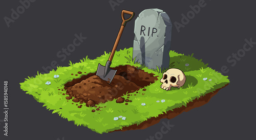 Cartoon graveyard scene with tombstone, shovel, and skull on grass