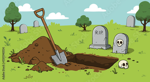 Cartoon graveyard scene with freshly dug grave and tombstones