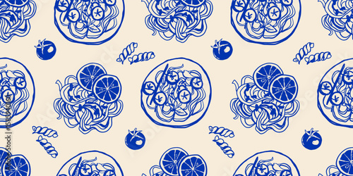 Minimalist hand drawn pasta vector seamless pattern. Different Mediterranean spaghetti types. Italy la dolce vita coast food for wrapping paper, textile.