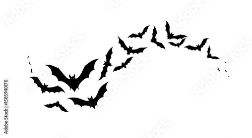 Silhouette of flying bats in curved pattern on white background