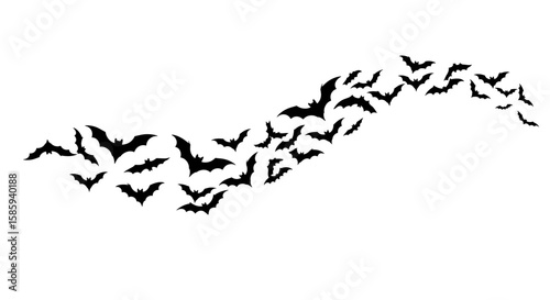 Silhouette of flying bats in abstract wave formation against white background