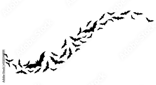 Spooky swarm of flying bats in dynamic silhouette on white background