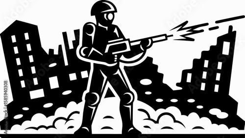 Soldier in futuristic armor firing a weapon amidst ruins of buildings in a war torn city landscape silhouette