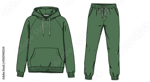 Green hoodie and joggers set outline sketch for fashion design concept
