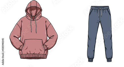 Casual hoodie and joggers outfit in detailed sketch style on white background