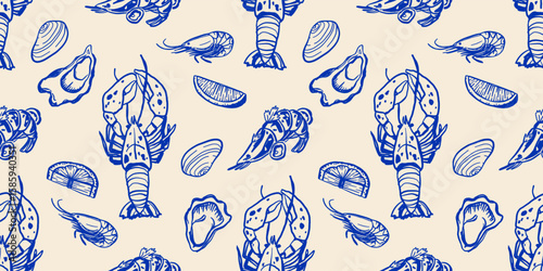 Hand drawn seafood seamless pattern in Mediterranean style featuring lobster, oysters, shrimps, and lemon. Vintage line art perfect for restaurant menus and gourmet branding.