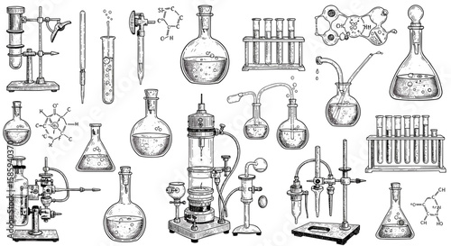 Hand drawn chemistry lab equipment with vintage scientific glassware and molecular formulas