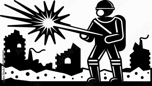 Illustration of a man with a flamethrower in front of burning buildings and rubble in black and white silhouette