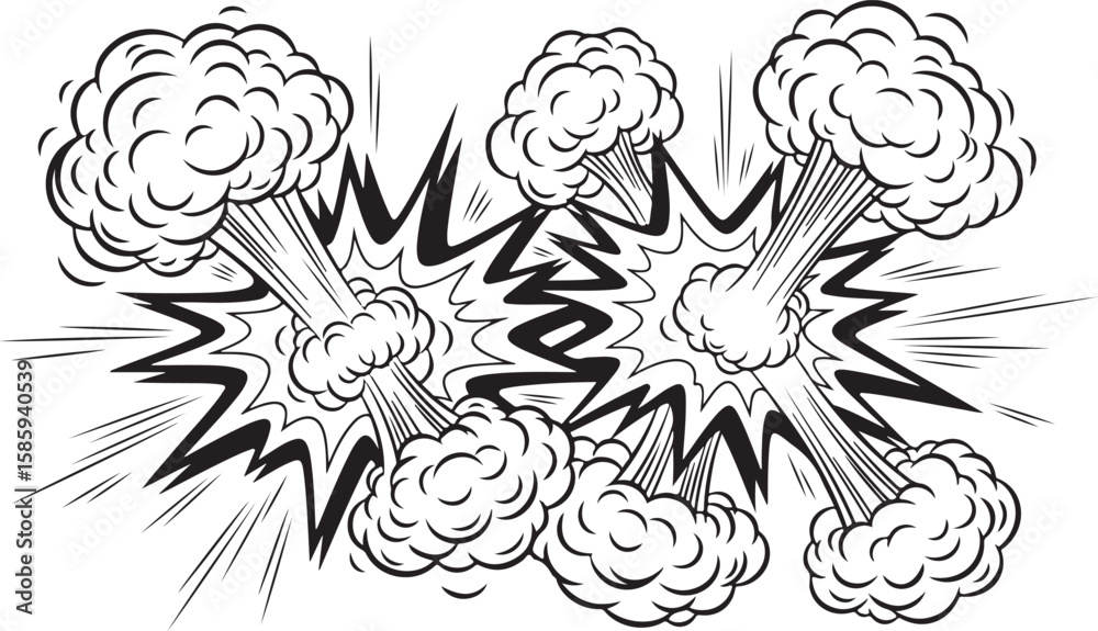 Fototapeta premium Dynamic comic book-style explosion graphic with radiating bursts and smoke plumes.
